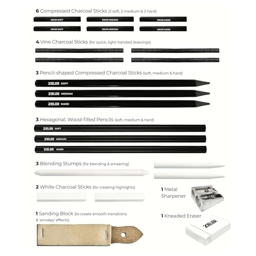 Artists Charcoal Drawing Set | 24-piece Gift Tin Set | The Ideal Starter Set