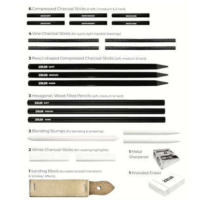 Artists Charcoal Drawing Set | 24-piece Gift Tin Set | The Ideal Starter Set