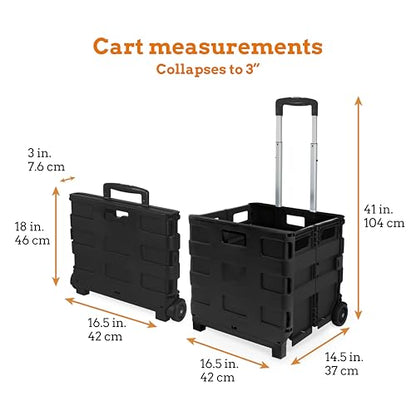 Inspired Living Collapsible Ultra-Slim Pack-N-Roll, 2 Wheel Utility Cart , With Telescopic Handle - Super Strong up to 80 Lbs Load Capacity, Black - color: Black, size: Large/ No Lid
