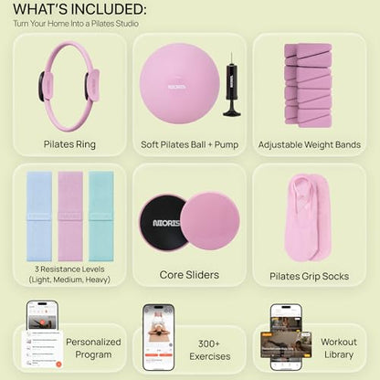 Essential Pilates Equipment Kit – Complete Home Workout Set with Pilates Ring, Pilates Ball, Resistance Bands, Ankle Weights, Sliding Discs & Grip Socks – Guided Full Body Workout Video