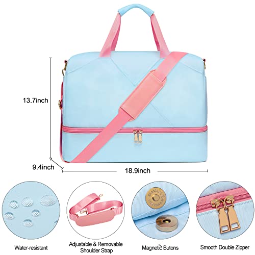 Sports Gym Bag for Women, Travel Duffle Bag with Shoe Compartment & Wet Pocket, Fitness Yoga Bag - color: Blue-93