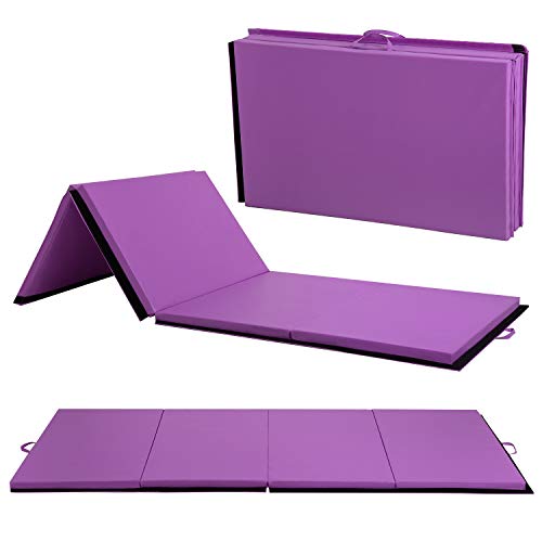 Exercise Mat 2'x6'/4'x8'/4'x10' Gymnastics Mat Folding Gymnastics Tumbling Mats 1.6"-2" Thick PU Leather Yoga Mat Portable With Carrying Handles for home Workout outdoor Yoga Pilates - color: Purple, size: 4*10FT