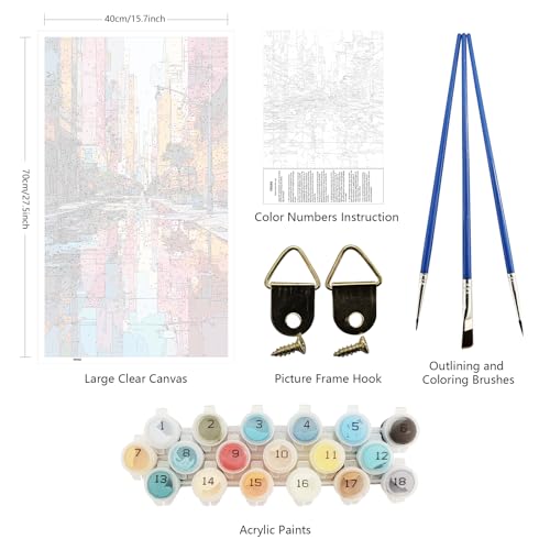 ARTGOTO Large Paint by Numbers for Adults Colorful Cityscape | 15.7x27.5inch/40x70cm Paint by Number Kit on Canvas, Urban Street Reflection Acrylic Painting Set with Brushes, No Frame - color: PBN064