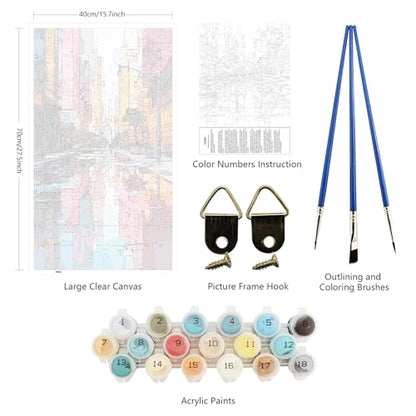 ARTGOTO Large Paint by Numbers for Adults Colorful Cityscape | 15.7x27.5inch/40x70cm Paint by Number Kit on Canvas, Urban Street Reflection Acrylic Painting Set with Brushes, No Frame - color: PBN064