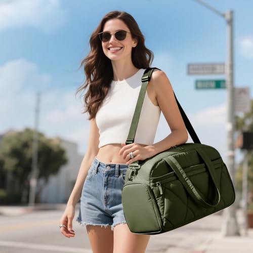 Women's Duffle Gym Bag, Carry-On Shoe Compartment for Weekender Overnight - color: Green, size: Medium