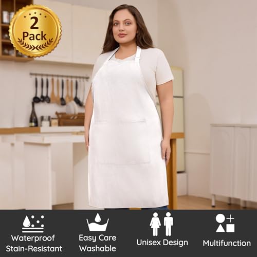 2 Pack Plus Size Waterproof Cooking Chef Apron with 2 Pockets for Men Women | Extra Large Design, Adjustable Neck Straps, Long Waist Ties, Professional Bib Aprons for Kitchen, Grilling, Gardening, Baking - color: White