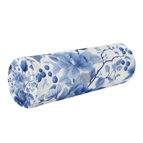 Blue White Flower Neck Roll Pillow Bolster Round Health Memory Foam Long Cervical Roll Cylinder Pillows with Removable Washable Cover for Body Bed Legs Back Yoga - color: Blue and White 35