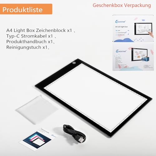 Light Box Drawing Pad, Tracing Board with Type-C Charge Cable and Brightness Adjustable for Artists, AnimationDrawing, Sketching, Animation, X-ray Viewing (DE-A4-P-black)