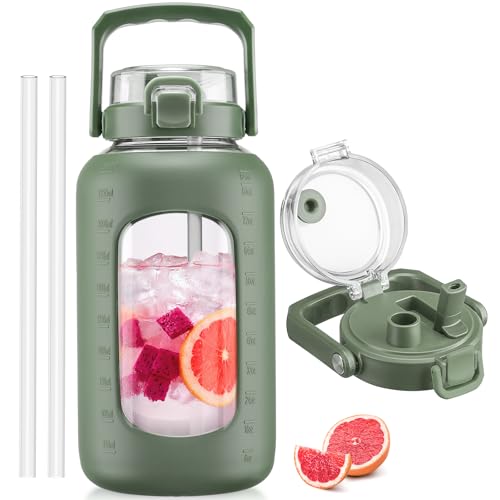 BLUEGO 84oz Glass Water Bottle with Straw and Handle, Large Water Bottle with Sip & Chug Lid, 2.5L Water Jug Silicone Sleeve with Time, Full Day Drinking Bottle for Sports BPA Free, Olive - color: Olive, size: 84 Ounces