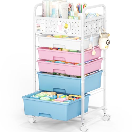 5 Drawer Rolling Storage Cart with Pegboard Top and Hooks, Pink&Blue | Mobile Organizer Cart with Wheels for Office Supplies, Craft Storage, Classroom Organization, Home Utility Cart - color: Pink&Blue, size: 5-Drawers