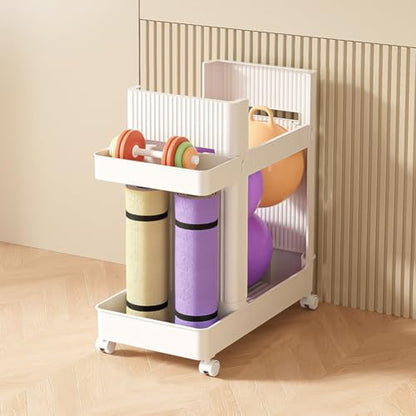 Yoga Mat Storage Basket Large Capacity Fitness Equipment Storage Rack with Wheels Sports Equipment Trolley Basket Fitness Equipment Sports Tools Organizer (White)