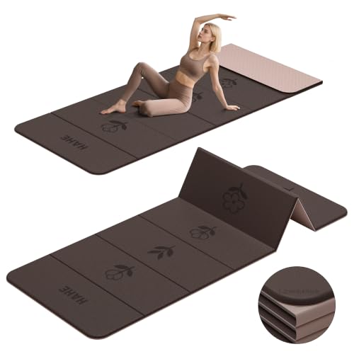 HAHE Extra Thick 7-Fold Yoga Mat, 72"x24"x0.47" TPE Exercise Mat - color: Flower Dark Brown + Beige