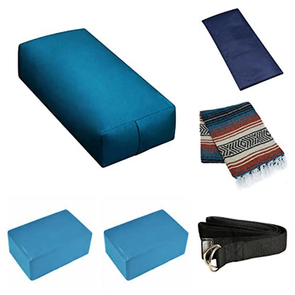 6 Piece Restorative Yoga Kit | Includes 1 Yoga Bolster (24"x12"x6"), 2 Blocks (4"x6"x 9"), 1 6ft D-Ring Strap, 1 Mexican Blanket, 1 Unscented Eye Pillow - color: Oceanside