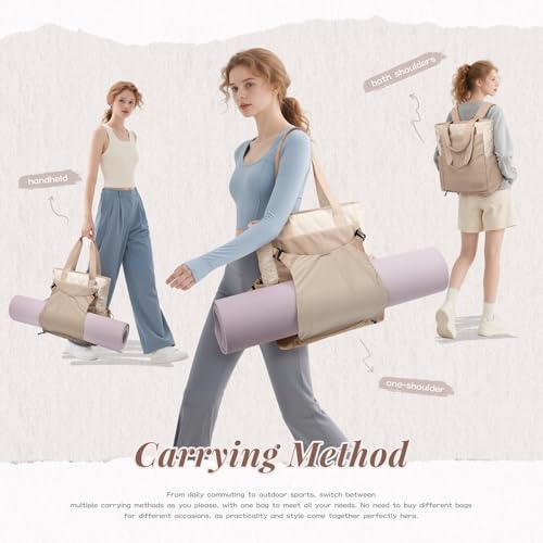 GOLF SUPAGS 3-in-1 Laptop Tote Backpack for Women 15.6" Quilted Work Gym Bag with Hidden Yoga Mat Carrier for Travel Leisure (Gravel Brown & Beige) - color: Gravel Brown & Beige