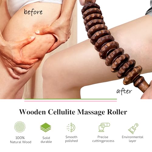 Wood Therapy Massage Roller Stick for Muscle Relief & Cellulite Reduction - color: Brown Curved-12 Rollers
