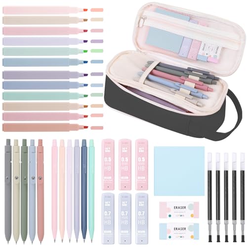 SKYDUE Aesthetic School Supplies Kit, 38 PCS Stationery Set with Large Pencil Case, Pens, Mechanical Pencil Set, Highlighters, Sticky Notes & Refills for Students, College & Back to School Black - color: Black