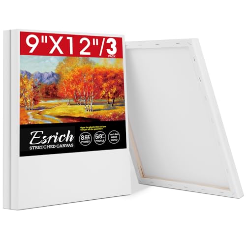 ESRICH Stretched Canvas for Painting, 3 Pack 9x12 Inch Canvas Value Pack,Primed Acid-Free Cotton Blank Canvases, Painting Canvas for Oil & Acrylic Paint. - size: 9x12in