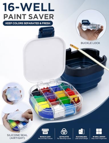 16-Well Airtight Empty Palette Box with Lid & Foldable Water Cup, Blue | Compact Travel Design, Refillable Paint Storage Suitable for Guache, Watercolor & Acrylic - color: Blue