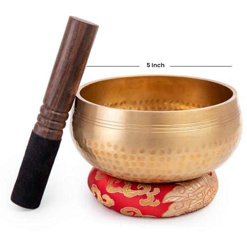 Tibetan Singing Bowl Set - Easy To Play for Beginners - Authentic Handcrafted Mindfulness Meditation Holistic Sound 7 Chakra Healing Gift by Himalayan Bazaar (5") - color: Gold - 5 Inch