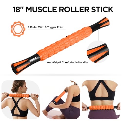 Muscle Roller & Massage Roller Stick for Athletes - Lymphatic Drainage Support, Relieves Muscle Soreness, Cramping & Tightness - Targets Legs, Arms, Back & Calves （Orange Wheel） - color: Orange