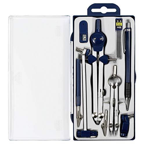 UNJOO 9Pc Geometry Set Metal Compass, Geometry Precision Tool (Blue) | Circle Drawing Tool and Architecture, Drafting Kits for Engineer with Shatterproof Storage Box