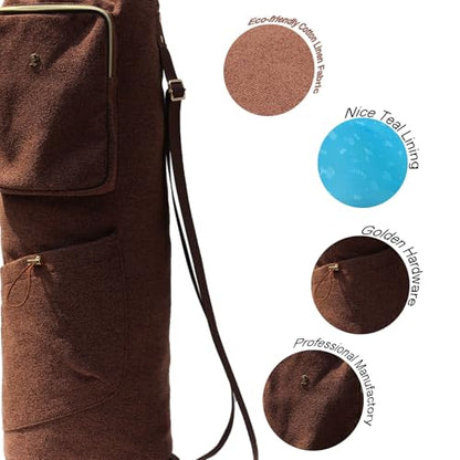 ESVAN Yoga Mat Bag with Multi Pockets Drawstring Yoga Mat Carrier Pilates Exercise Multi-Functional Storage Bag - color: Linen Brown