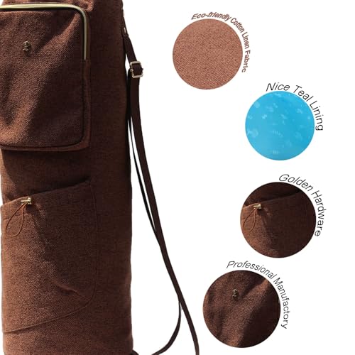 ESVAN Yoga Mat Bag with Multi Pockets Drawstring Yoga Mat Carrier Pilates Exercise Multi-Functional Storage Bag - color: Linen Brown