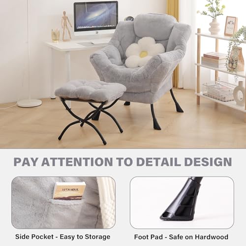 Tiita Lazy Chair with Ottoman, Comfy Reading Accent Chair, Plush Light Grey - color: Plush-light Grey