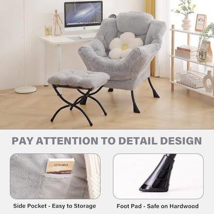 Tiita Lazy Chair with Ottoman, Comfy Reading Accent Chair, Plush Light Grey - color: Plush-light Grey