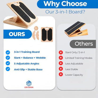 Slant Board for Exercise, 3-in-1 Wooden Calf Stretcher, Rocker Balance Board and 360° Wobble Board, 5 Adjustable Angles, Anti-Slip Surface, Training Poster Included - size: Standard