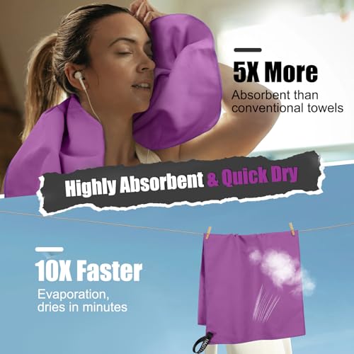 Quick Dry Travel Towel, 3 Sizes 1 Pack Camping Microfiber Towel, Lightweight Fast Drying Towels Set 60"x30", 30"x15", 15"x15" w/Bag for Gym, Beach, Hiking, Swimming, Purple - color: Purple