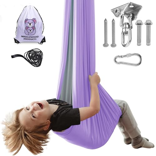 MINGLEWOOD Sensory Swing Bundle – 360° Swivel Hanger – Complete Set for Children – Special Needs: Anxiety, ADHD, Autism & Sensory Disorders - color: Purple/Gray