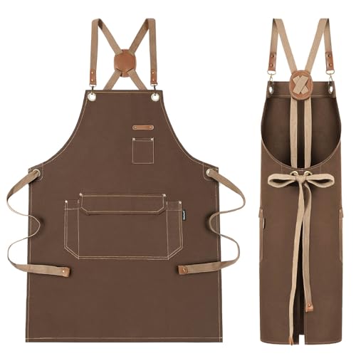 Chef Apron with Cross Back Straps for Men Women, Cotton Canvas Apron for Artists Painting, Kitchen Cooking - color: Brown