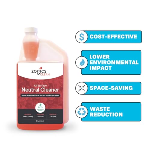 Zogics All-Surface Neutral Cleaner Concentrate, 32 oz | Meets ECOLOGO standards, Nontoxic, Biodegradable, Neutral pH, Makes up to 16 gallons