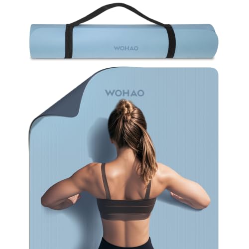 8mm Extra Wide 80cm Yoga Mat Non Slip | Spacious 80cm x 72" mat for tall users, gym, pilates. POE, reversible dual-color, non-slip, tear-proof, odorless, strap. - color: Blue-gray+Navy blue