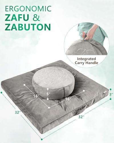 Hihealer Meditation Cushion, Traditional Tibetan Velvet Meditation Pillow | Buckwheat Yoga Bolster, Large Floor Cushion & Pillow for Adults, Zafu Zabuton Set, Zen Meditation Mat - color: Gray-c