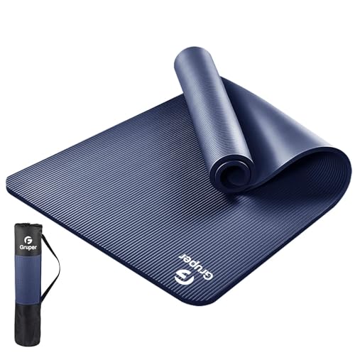 Gruper Yoga Mat Non Slip NBR Extra Thick Yoga Mat, 72"L x 32"/24"W x 0.6"/0.4"TH (185cm x 80cm/61cm x 15mm/10mm), Anti-Tear Exercise Mat with Carrying Strap and Bag, Workout Mats for Yoga, Pilates - color: Navy Blue, size: 72 x 32 x 0.6 inches