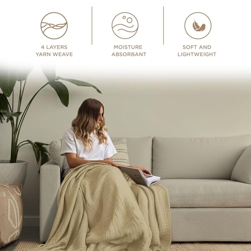 Threadmill Cotton Throw, Muslin, Beige, 100% Cotton Gauze Weave, All-Season | 100% Cotton, Muslin Weave, 50x65 in, Breathable, All-Season, Lightweight, OEKO-TEX Certified, Machine Washable - color: Beige, size: Throw