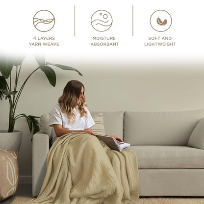 Threadmill Cotton Throw, Muslin, Beige, 100% Cotton Gauze Weave, All-Season | 100% Cotton, Muslin Weave, 50x65 in, Breathable, All-Season, Lightweight, OEKO-TEX Certified, Machine Washable - color: Beige, size: Throw