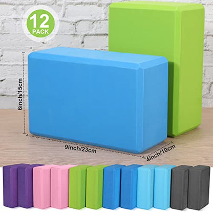Wettarn 12 Pcs Yoga Blocks Bulk 9 x 6 x 4 Inch EVA Foam Supportive Yoga Brick Lightweight Soft Non Slip Gymnastic Blocks Yoga Pilates Accessories for Girls Women Beginners, Stretching and Meditation