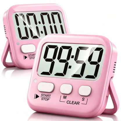 Antonki 2 Pack Digital Timer for Kids Classroom Kitchen Timers for Cooking | w/ Battery, Easy to View, Alarm, Mute Mode, Count Down/Up, Magnetic, Kickstand, Hanging, Classroom Timer for Teacher Supplies - color: Relaxing Pink