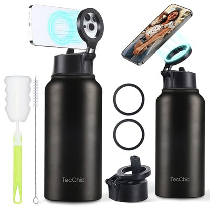 Insulated Water Bottle with Magnetic Phone Holder Compatible with MagSafe and iPhone,Double-Sided Magnet,Hot 12H Cold 24H,Stainless Steel Water Bottle Phone Mount for Sports Travel,32oz (Black) - color: Black