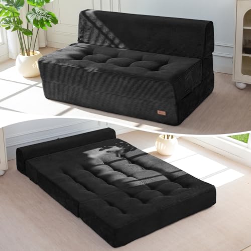 MAXYOYO Folding Sofa Bed, 8-Inch Fold-Out Chair Bed, Single | 2-in-1 Convertible Floor Sofa Couch, High-Density Foam Tufted Lounge Couch for Living Room Bedroom Dorm, Black - color: Black, size: Loveseat