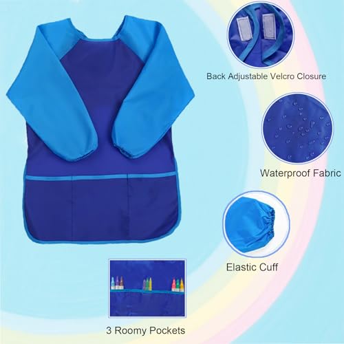 2 Pack Kids Art Smock Waterproof with Long Sleeve and 3 Roomy Pockets Artist Children Aprons for Toddlers Age 3-8 Painting Crafts（Blue） - color: 2 Pack Blue