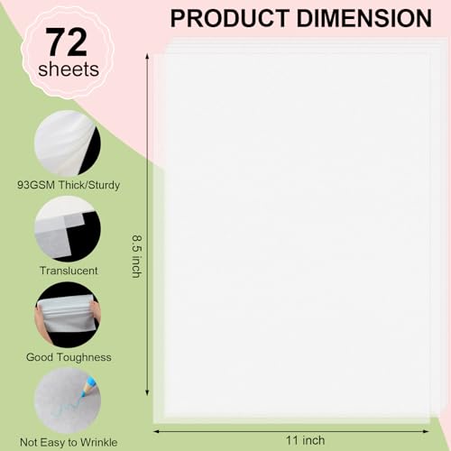 Phinus 72 Sheets Translucent Vellum Paper 8.5 x 11, Printable Vellum Jackets Vellum Paper for Invitations, Tracing Paper for Drawing Sketching, Invitation Belly Bands, Gift Box Liners, White