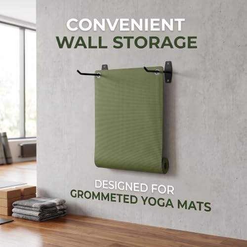 Yoga Mat Wall Mount Holder & Straps for Eyelet Workout Mat Hanging Storage | 2 Hooks, 2 Adjustable Elastic Straps & 1 Carry Sling - Home Gym Storage Hanger for Exercise Mat, Pilates Mats & Foam Rollers