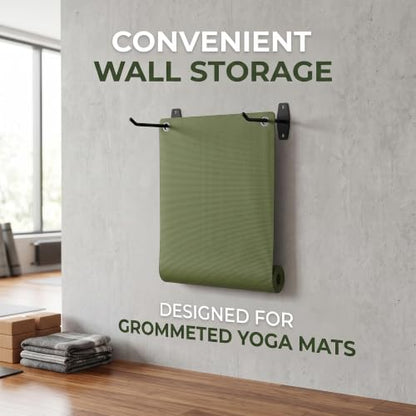 Yoga Mat Wall Mount Holder & Straps for Eyelet Workout Mat Hanging Storage | 2 Hooks, 2 Adjustable Elastic Straps & 1 Carry Sling - Home Gym Storage Hanger for Exercise Mat, Pilates Mats & Foam Rollers