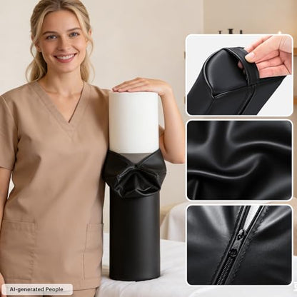 Medium Leg Bolster for Massage Table, 21 x 6 x 3 in Massage Bolsters | PU Leather Half Moon Bolster Pillow with Strap Handle, Semi-Round Ankles Leg Pain Relief Knee Bolster Cushion for Back - color: Medium Black - 21x6x3 in - Pu Leather