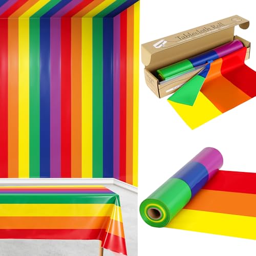 100FT x 54IN Rainbow Plastic Tablecloth Roll with Slide Cutter Box | Heavy Duty Disposable 6-Color Gay Pride Table Cover Wall Backdrop, Cut-to-size for Pride Month and Inclusive Celebrations - color: Rainbow, size: 1200" x 54" (Rectangular)