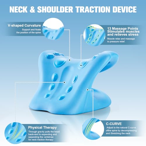 Neck Stretcher & Cervical Traction Pillow, TMJ & Shoulder Relief, Blue